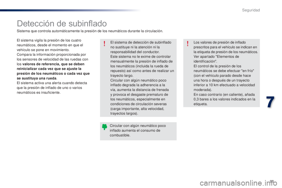 Peugeot 301 2015  Manual del propietario (in Spanish) 91
301_es_Chap07_securite_ed01-2014
Detección de subinflado
El sistema de detección de subinflado 
no sustituye ni la atención ni la 
responsabilidad del conductor.
Este sistema no le exime de cont