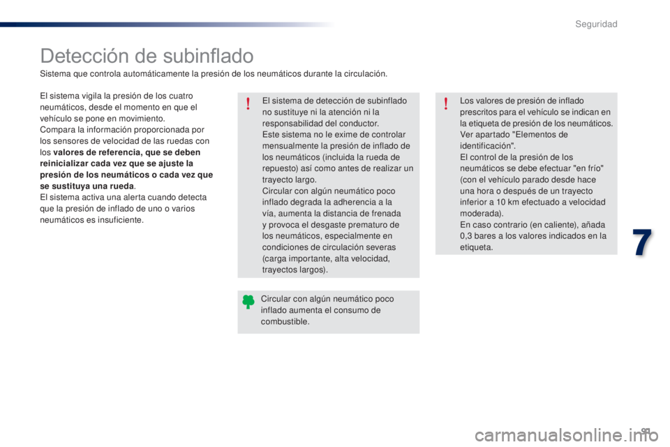 Peugeot 301 2015 Manual del propietario (in Spanish) 91
301_es_Chap07_securite_ed01-2014
Detección de subinflado
El sistema de detección de subinflado
no sustituye ni la atención ni la
responsabilidad del conductor.
Este sistema no le exime de cont Peugeot 301 2015 Manual del propietario (in Spanish) 91
301_es_Chap07_securite_ed01-2014
Detección de subinflado
El sistema de detección de subinflado
no sustituye ni la atención ni la
responsabilidad del conductor.
Este sistema no le exime de cont