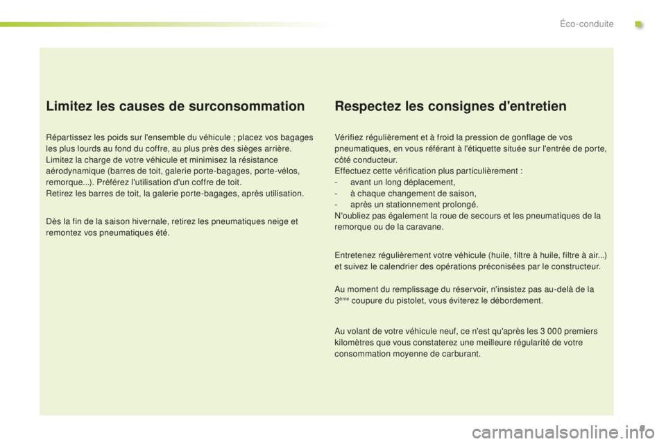 Peugeot 301 2015 Manuel du propriétaire (in French) 9
Limitez les causes de surconsommation
Répartissez les poids sur l'ensemble du véhicule ; placez vos bagages
les plus lourds au fond du coffre, au plus près des sièges arrière.
Limitez la c Peugeot 301 2015 Manuel du propriétaire (in French) 9
Limitez les causes de surconsommation
Répartissez les poids sur l'ensemble du véhicule ; placez vos bagages
les plus lourds au fond du coffre, au plus près des sièges arrière.
Limitez la c