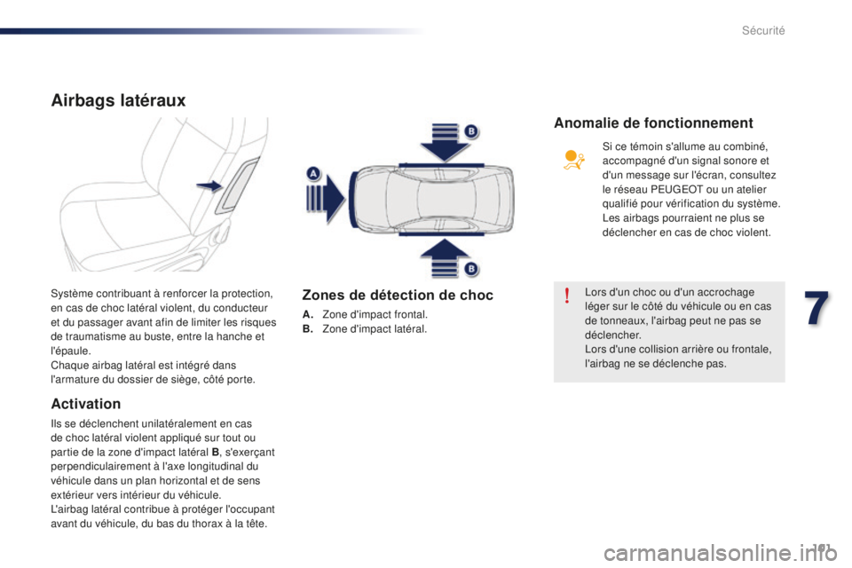 Peugeot 301 2015  Manuel du propriétaire (in French) 101
Airbags latéraux
Activation
Ils se déclenchent unilatéralement en cas 
de choc latéral violent appliqué sur tout ou 
partie de la zone d'impact latéral B, s'exerçant 
perpendiculair