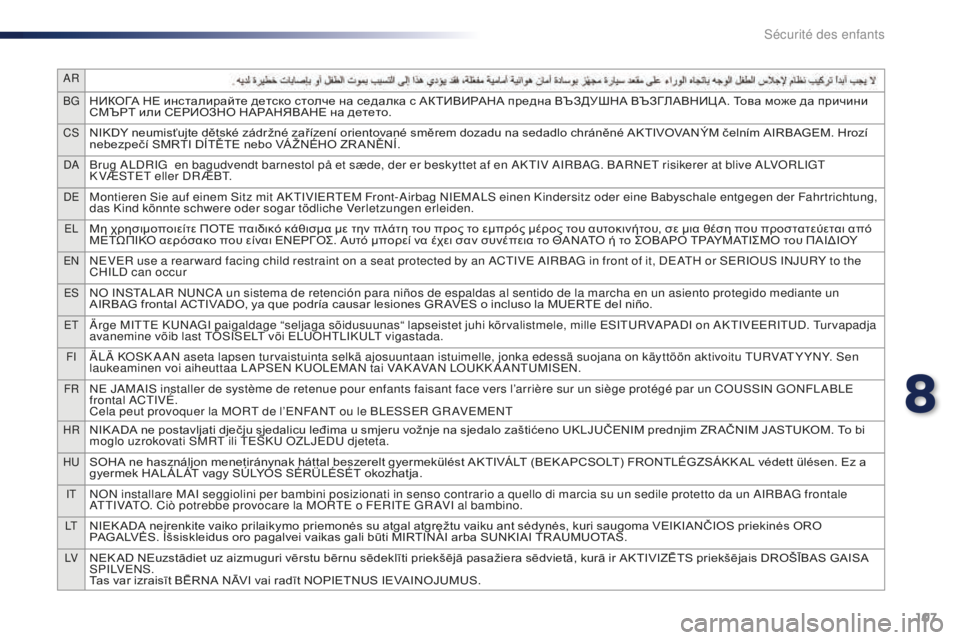 Peugeot 301 2015  Manuel du propriétaire (in French) 107
AR
BG
НИКОГА НЕ инсталирайте детско столче на седалка с АКТИВИРАНА предна ВЪЗДУШНА ВЪЗГЛАВНИЦ А. Това може да