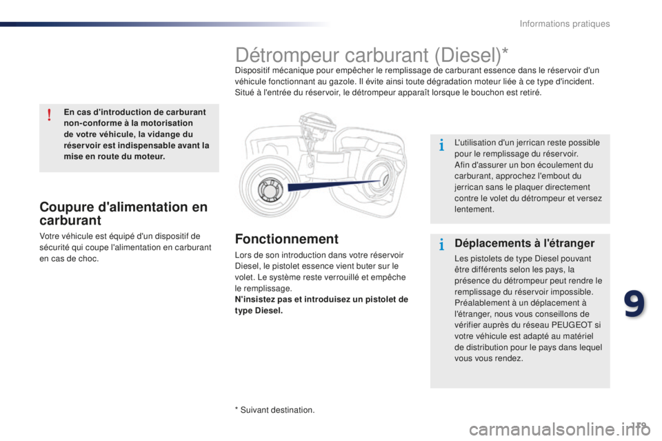 Peugeot 301 2015  Manuel du propriétaire (in French) 119
Fonctionnement
Lors de son introduction dans votre réservoir 
Diesel, le pistolet essence vient buter sur le 
volet. Le système reste verrouillé et empêche 
le remplissage.
N'insistez pas 