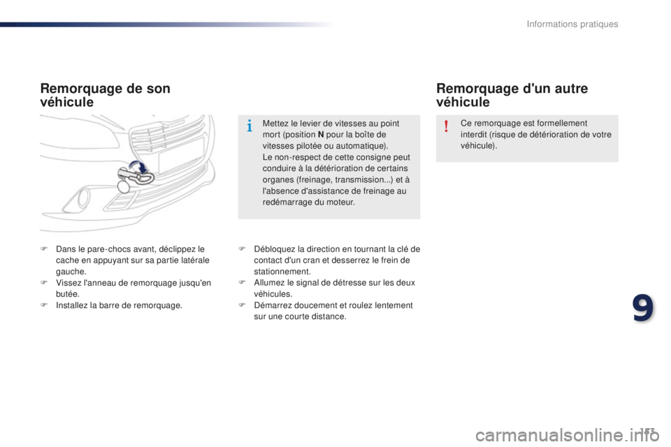 Peugeot 301 2015  Manuel du propriétaire (in French) 153
Remorquage de son 
véhiculeRemorquage d'un autre 
véhicule
F Dans le pare-chocs avant, déclippez le 
cache en appuyant sur sa partie latérale 
gauche.
F
 
V
 issez l'anneau de remorqua