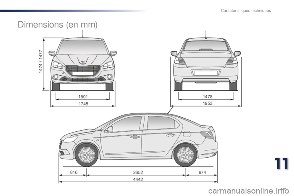 Peugeot 301 2015  Manuel du propriétaire (in French) 175
Dimensions (en mm) 
11  
Caractéristiques techniques  