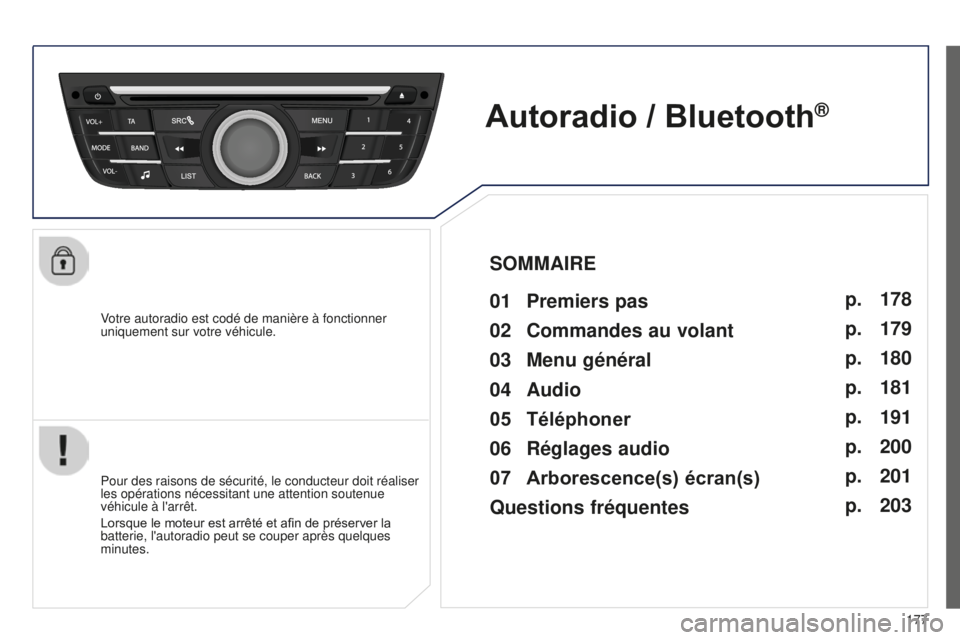 Peugeot 301 2015  Manuel du propriétaire (in French) 177
Votre autoradio est codé de manière à fonctionner 
uniquement sur votre véhicule.
Autoradio / Bluetooth®
01 Premier
s pas 
Pour des raisons de sécurité, le conducteur doit réaliser 
les op