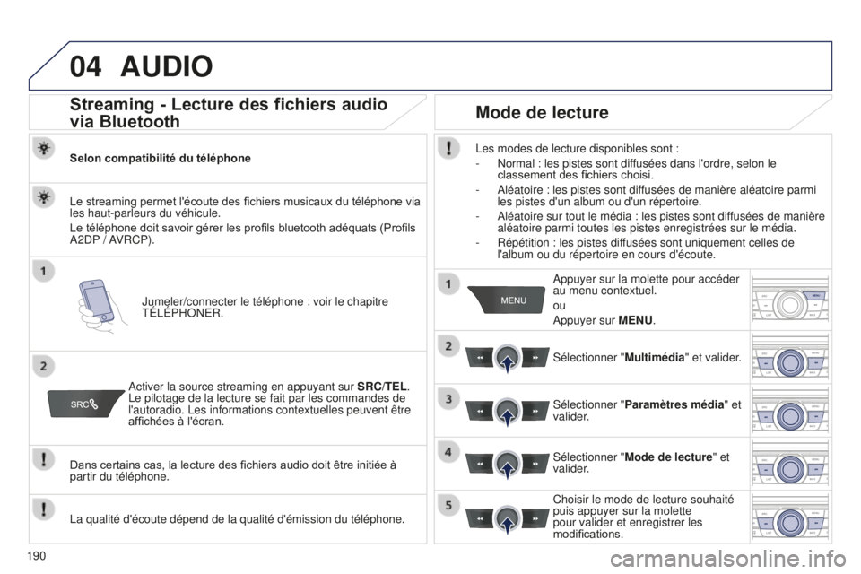 Peugeot 301 2015  Manuel du propriétaire (in French) 04
190
AUDIO
Streaming - Lecture des fichiers audio 
via Bluetooth
Selon compatibilité du téléphoneJumeler/connecter le téléphone : voir le chapitre 
TÉLÉPHONER.
Le streaming permet l'écou