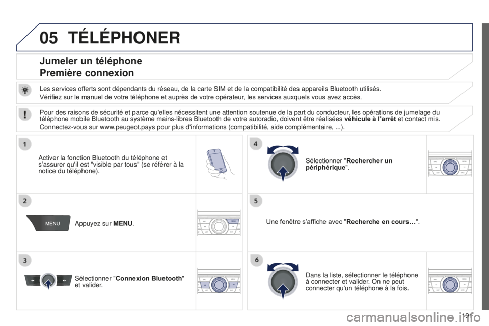 Peugeot 301 2015  Manuel du propriétaire (in French) 05
191
TÉLÉPHONER
Jumeler un téléphone
Première connexion
Les services offerts sont dépendants du réseau, de la carte SIM et de la compatib\
ilité des appareils Bluetooth utilisés.
Vérifiez 