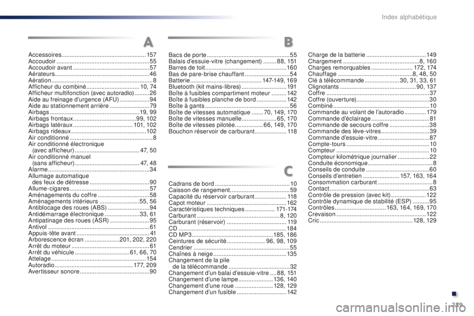 Peugeot 301 2015  Manuel du propriétaire (in French) 229
Accessoires................................................... 157
Accoudoir  ........................................................ 55
Accoudoir avant
 

.......................................