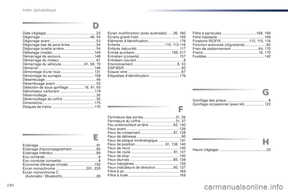 Peugeot 301 2015  Manuel du propriétaire (in French) 230
Heure (réglage) ............................................... 23
H
D
Date (réglage) ................................................. 23
Dégivrage  ...........................................