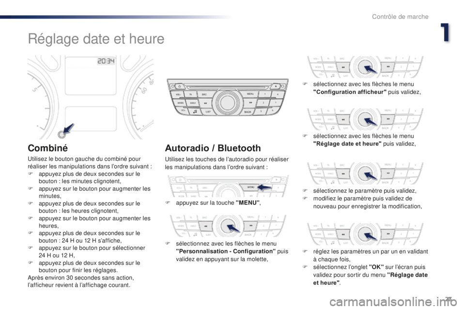 Peugeot 301 2015  Manuel du propriétaire (in French) 23
Réglage date et heure
Combiné
Utilisez le bouton gauche du combiné pour 
réaliser les manipulations dans l’ordre suivant :
F 
a
 ppuyez plus de deux secondes sur le 
bouton : les minutes clig