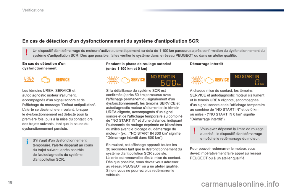 Peugeot 301 2015  Manuel du propriétaire (in French) 18
Vér if ic ations
   
 
Démarrage interdit 
 
  A chaque mise du contact, les témoins 
SERVICE et autodiagnostic moteur sallument 
et le témoin UREA clignote, accompagnés 
dun signal sonore e