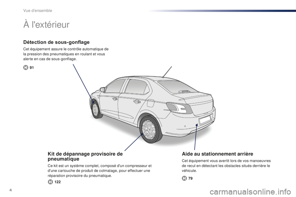 Peugeot 301 2015 Manuel du propriétaire (in French) 4
91122 79
Détection de sous-gonflage
Cet équipement assure le contrôle automatique de
la pression des pneumatiques en roulant et vous
alerte en cas de sous-gonflage.
À l'extérieur
Kit de d Peugeot 301 2015 Manuel du propriétaire (in French) 4
91122 79
Détection de sous-gonflage
Cet équipement assure le contrôle automatique de
la pression des pneumatiques en roulant et vous
alerte en cas de sous-gonflage.
À l'extérieur
Kit de d