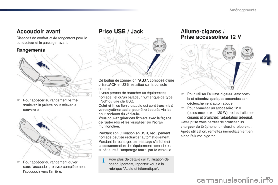 Peugeot 301 2015  Manuel du propriétaire (in French) 57
Prise USB / Jack
Ce boîtier de connexion "AUX ", composé d'une 
prise JACK et USB, est situé sur la console 
centrale.
Il vous permet de brancher un équipement 
nomade, tel qu'u