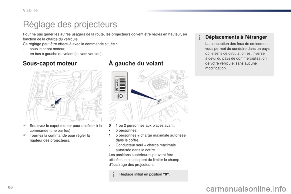 Peugeot 301 2015 Manuel du propriétaire (in French) 86
Réglage des projecteurs
Pour ne pas gêner les autres usagers de la route, les projecteurs doivent être réglés en hauteur, en
fonction de la charge du véhicule.
Ce réglage peut être effectu Peugeot 301 2015 Manuel du propriétaire (in French) 86
Réglage des projecteurs
Pour ne pas gêner les autres usagers de la route, les projecteurs doivent être réglés en hauteur, en
fonction de la charge du véhicule.
Ce réglage peut être effectu