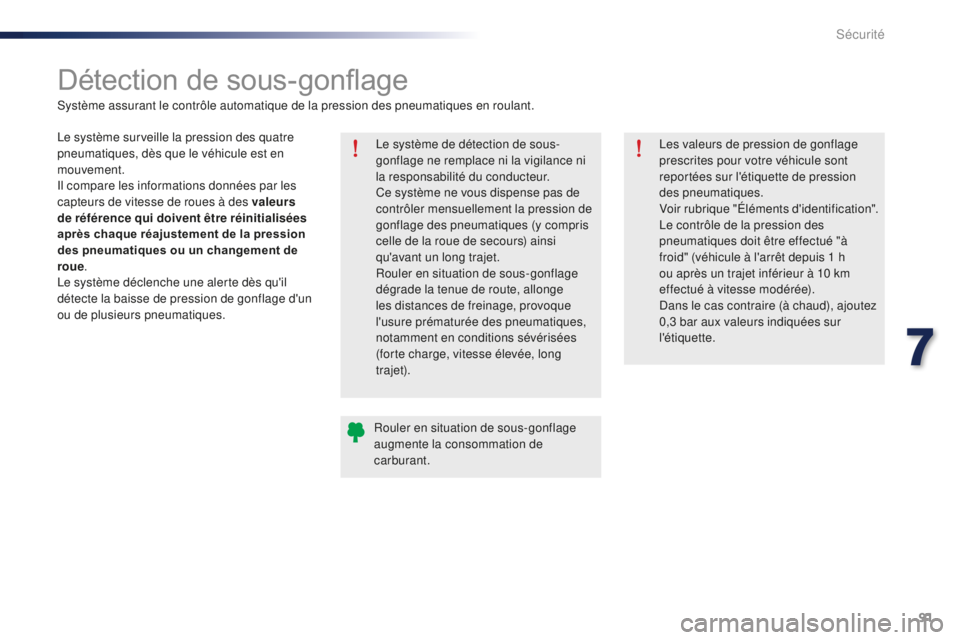 Peugeot 301 2015  Manuel du propriétaire (in French) 91
Détection de sous-gonflage
Le système de détection de sous-
gonflage ne remplace ni la vigilance ni 
la responsabilité du conducteur.
Ce système ne vous dispense pas de 
contrôler mensuelleme