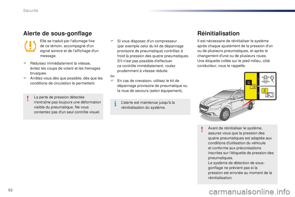 Peugeot 301 2015  Manuel du propriétaire (in French) 92
Avant de réinitialiser le système, 
assurez-vous que la pression des 
quatre pneumatiques est adaptée aux 
conditions d'utilisation du véhicule 
et conforme aux préconisations 
inscrites s
