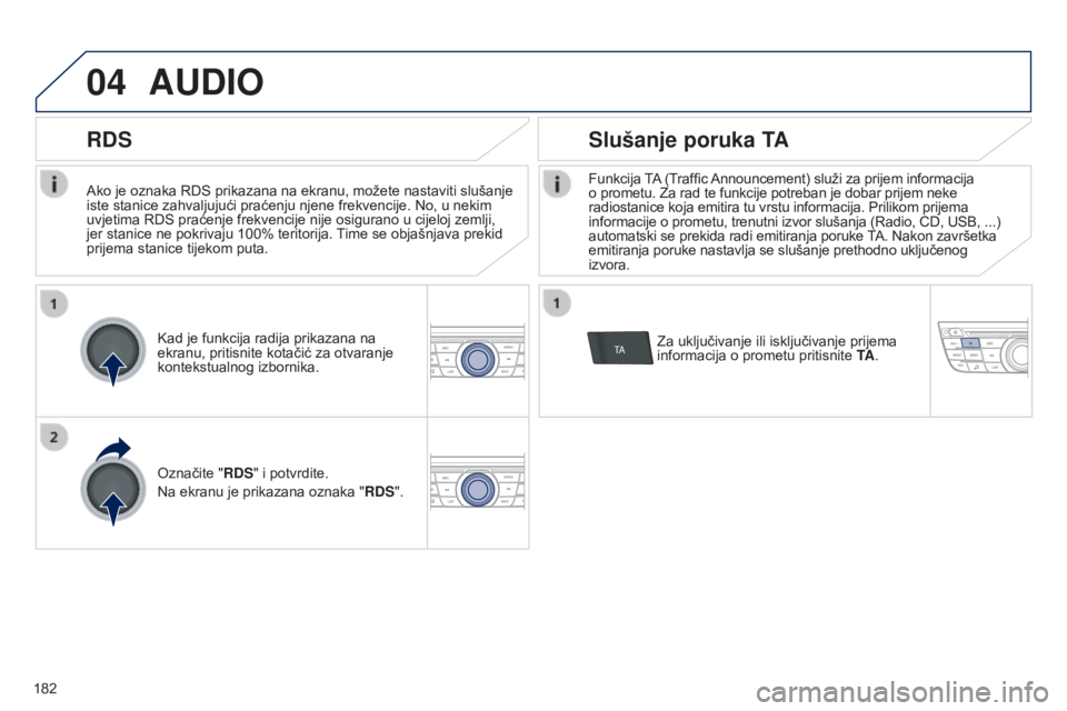 Peugeot 301 2015  Vodič za korisnike (in Croatian) 04
TA
182
301_hr_Chap12a_RD5(RD45)_ed01-2014
Ako je oznaka RDS prikazana na ekranu, možete nastaviti slušanje 
iste stanice zahvaljujući praćenju njene frekvencije. No, u nekim 
uvjetima RDS prać