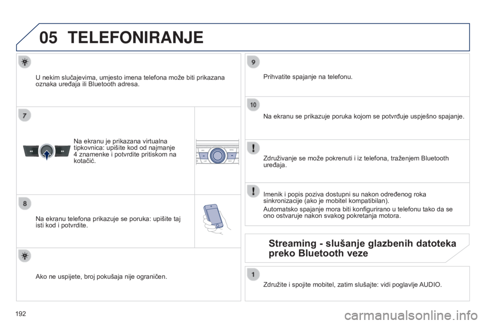 Peugeot 301 2015 Vodič za korisnike (in Croatian) 05
192
301_hr_Chap12a_RD5(RD45)_ed01-2014
TELEFONIRANJE
Na ekranu je prikazana virtualna
tipkovnica: upišite kod od najmanje
4 znamenke i potvrdite pritiskom na
kotačić.
Na ekranu telefona p Peugeot 301 2015 Vodič za korisnike (in Croatian) 05
192
301_hr_Chap12a_RD5(RD45)_ed01-2014
TELEFONIRANJE
Na ekranu je prikazana virtualna
tipkovnica: upišite kod od najmanje
4 znamenke i potvrdite pritiskom na
kotačić.
Na ekranu telefona p