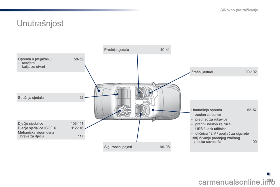 Peugeot 301 2015  Vodič za korisnike (in Croatian) 225
301_hr_Chap13_recherche-visuelle_ed01-2014
Unutrašnjost
Oprema u prtljažniku 58 -59
- ra svjeta
-
 
k
 utija za stvari Prednja sjedala
 
4
 0 - 41
Dječje sjedalice
 1
 03-111
Dječje sjedalice 