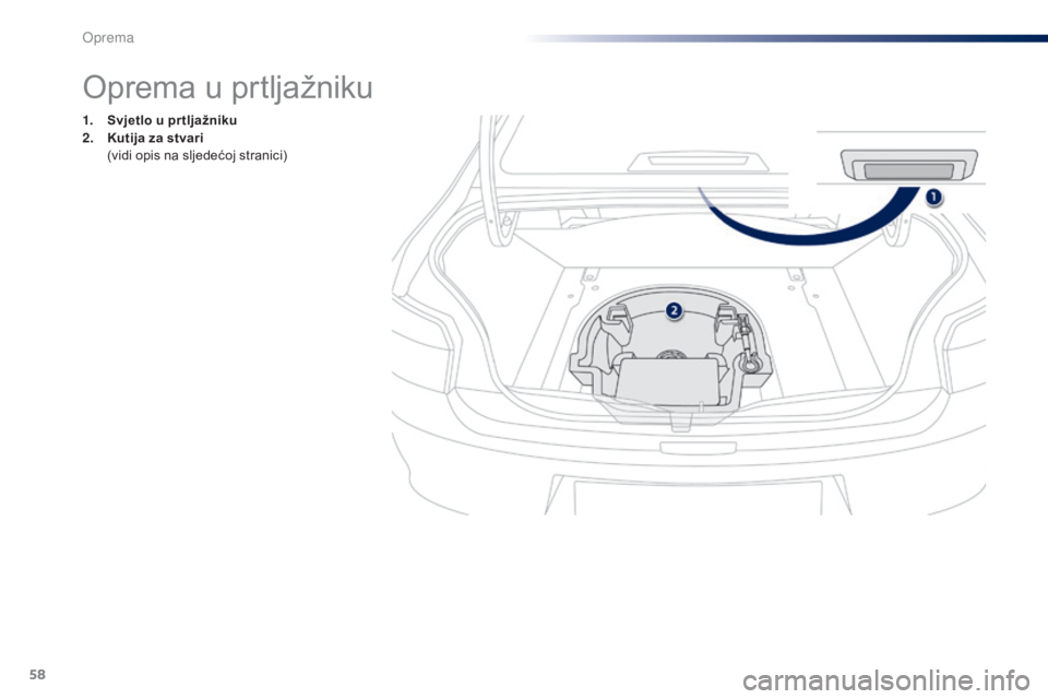 Peugeot 301 2015  Vodič za korisnike (in Croatian) 58
301_hr_Chap04_amenagements_ed01-2014
Oprema u prtljažniku
1. Svjetlo u pr tljažniku
2. Kutija za stvari 
 (

vidi opis na sljedećoj stranici) 
Oprema  