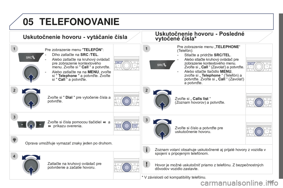 Peugeot 301 2015  Užívateľská príručka (in Slovak) 05
 
  
195
301_sk_Chap12a_RD5(RD45)_ed01-2014
TELEFONOVANIE
Pre zobrazenie menu " TELEFÓN":
-  
Dlho zatlačte na  SRC

 /TEL.
-
 
Alebo zatlačte na kruhový ovládač 
pre zobrazenie konte