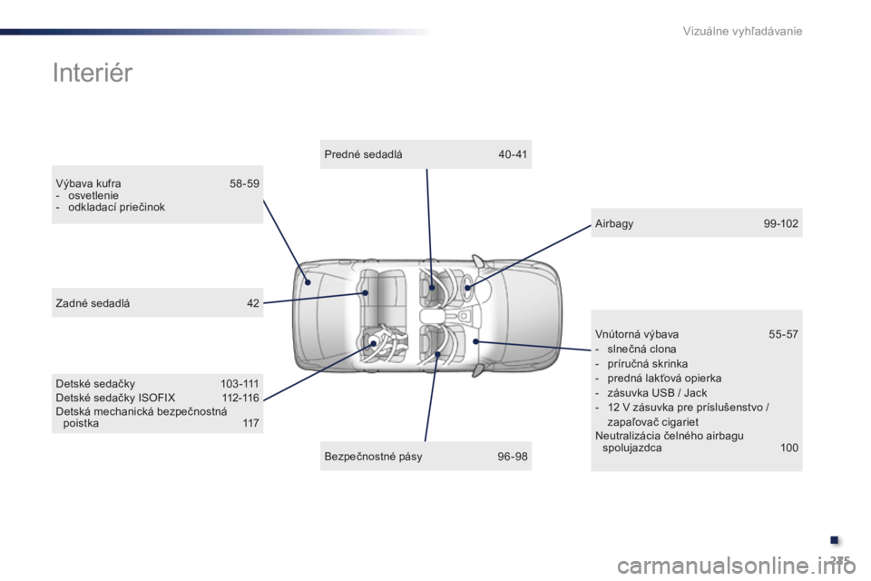 Peugeot 301 2015  Užívateľská príručka (in Slovak) 225
301_sk_Chap13_recherche-visuelle_ed01-2014
Interiér
Výbava kufra 58 -59
- os vetlenie
-
 
o
 dkladací priečinok Predné sedadlá
 
4
 0 - 41
Detské sedačky  
1
 03 -111
Detské sedačky ISOF