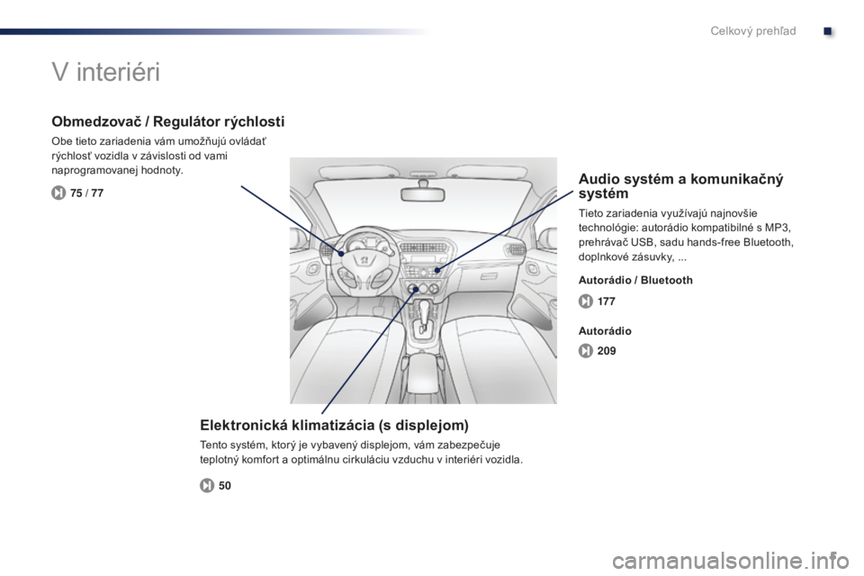 Peugeot 301 2015  Užívateľská príručka (in Slovak) 5
17 7
209
50
75 / 77
301_sk_Chap00b_vue-ensemble_ed01-2014
V interiéri
Elektronická klimatizácia (s displejom)
Tento systém, ktorý je vybavený displejom, vám zabezpečuje 
teplotný komfort a 