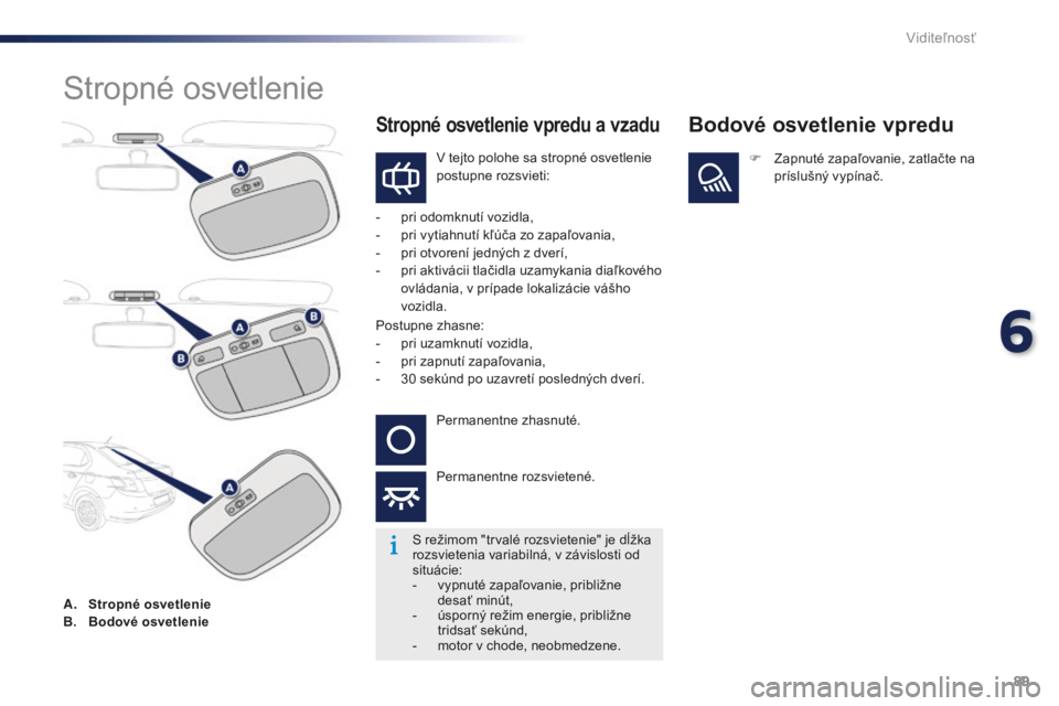 Peugeot 301 2015  Užívateľská príručka (in Slovak) 89
301_sk_Chap06_visibilite_ed01-2014
Stropné osvetlenie
V tejto polohe sa stropné osvetlenie 
postupne rozsvieti:
-
 
p

ri odomknutí vozidla,
-
 
p

ri vytiahnutí kľúča zo zapaľovania,
-
 
p