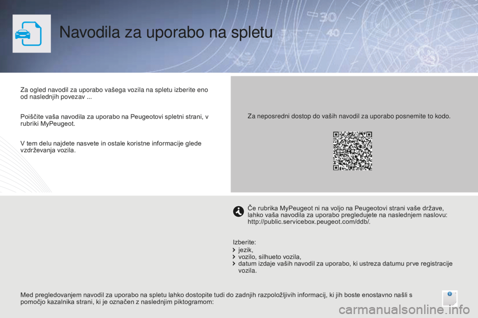 Peugeot 301 2015 Priročnik za lastnika (in Slovenian) Navodila za uporabo na spletu
Za ogled navodil za uporabo vašega vozila na spletu izberite eno
od naslednjih povezav ...
Med pregledovanjem navodil za uporabo na spletu lahko dostopite tudi do zadnj Peugeot 301 2015 Priročnik za lastnika (in Slovenian) Navodila za uporabo na spletu
Za ogled navodil za uporabo vašega vozila na spletu izberite eno
od naslednjih povezav ...
Med pregledovanjem navodil za uporabo na spletu lahko dostopite tudi do zadnj