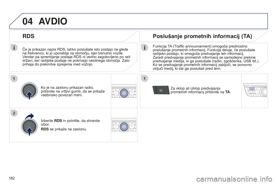 Peugeot 301 2015  Priročnik za lastnika (in Slovenian) 04
TA
182
301_sl_Chap12a_RD5(RD45)_ed01-2014
Če je prikazan napis RDS, lahko poslušate isto postajo ne glede 
na frekvenco, ki jo uporablja na območju, kjer trenutno vozite. 
Vendar pa spremljanje 