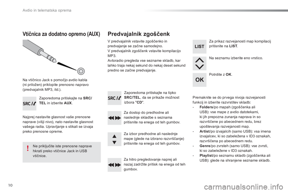 Peugeot 301 2015  Priročnik za lastnika (in Slovenian)   Avdio in telematska oprema 
10
   
Zaporedoma pritiskajte na tipko 
  SRC/TEL 
, da se prikaže možnost 
izbora " CD 
".  
   
Za dostop do predhodne ali 
naslednje skladbe s seznama 
pritisnite na