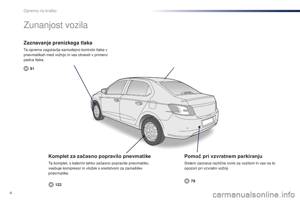 Peugeot 301 2015  Priročnik za lastnika (in Slovenian) 4
91122 79
301_sl_Chap00b_vue-ensemble_ed01-2014
Zaznavanje prenizkega tlaka
Ta oprema zagotavlja samodejno kontrolo tlaka v 
pnevmatikah med vožnjo in vas obvesti v primeru 
padca tlaka.
Zunanjost v