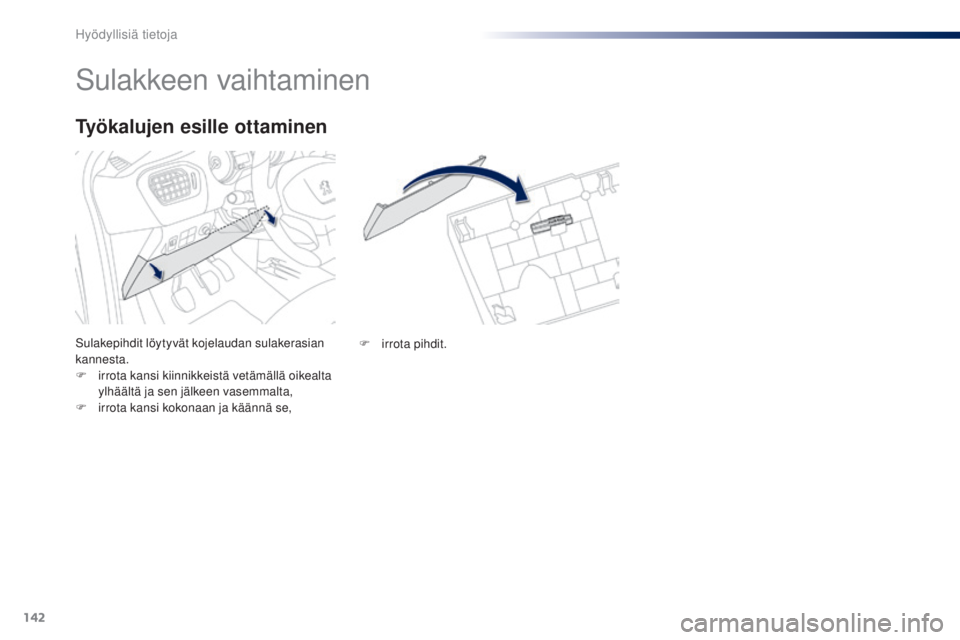 Peugeot 301 2015 Omistajan käsikirja (in Finnish) 142
301_fi_Chap09_info-pratiques_ed01-2014
Sulakkeen vaihtaminen
Sulakepihdit löytyvät kojelaudan sulakerasian
kannesta.
F
i
rrota kansi kiinnikkeistä vetämällä oikealta
ylhäältä ja sen j Peugeot 301 2015 Omistajan käsikirja (in Finnish) 142
301_fi_Chap09_info-pratiques_ed01-2014
Sulakkeen vaihtaminen
Sulakepihdit löytyvät kojelaudan sulakerasian
kannesta.
F
i
rrota kansi kiinnikkeistä vetämällä oikealta
ylhäältä ja sen j