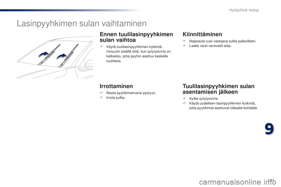 Peugeot 301 2015 Omistajan käsikirja (in Finnish) 151
301_fi_Chap09_info-pratiques_ed01-2014
Lasinpyyhkimen sulan vaihtaminen
Ennen tuulilasinpyyhkimen
sulan vaihtoa
F Käytä tuulilasinpyyhkimen kytkintä minuutin sisällä siitä, kun sytytysvirta Peugeot 301 2015 Omistajan käsikirja (in Finnish) 151
301_fi_Chap09_info-pratiques_ed01-2014
Lasinpyyhkimen sulan vaihtaminen
Ennen tuulilasinpyyhkimen
sulan vaihtoa
F Käytä tuulilasinpyyhkimen kytkintä minuutin sisällä siitä, kun sytytysvirta