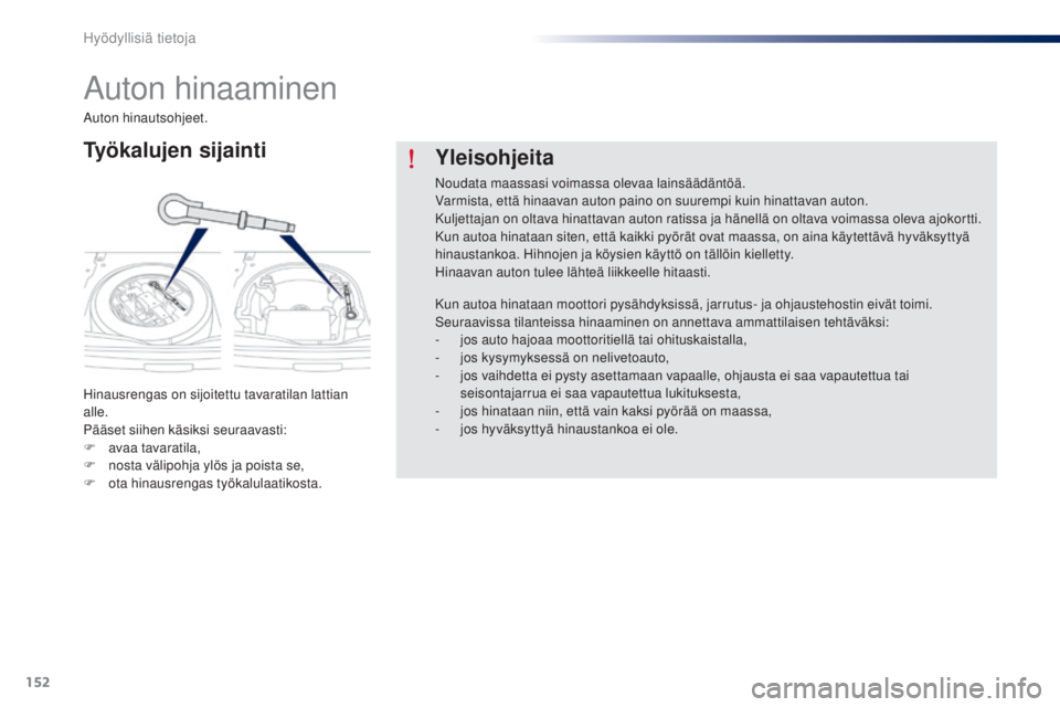 Peugeot 301 2015 Omistajan käsikirja (in Finnish) 152
301_fi_Chap09_info-pratiques_ed01-2014
Auton hinaaminen
Työkalujen sijainti
Hinausrengas on sijoitettu tavaratilan lattian
alle.
Pääset siihen käsiksi seuraavasti:
F
av
aa tavaratila,
F
n Peugeot 301 2015 Omistajan käsikirja (in Finnish) 152
301_fi_Chap09_info-pratiques_ed01-2014
Auton hinaaminen
Työkalujen sijainti
Hinausrengas on sijoitettu tavaratilan lattian
alle.
Pääset siihen käsiksi seuraavasti:
F
av
aa tavaratila,
F
n