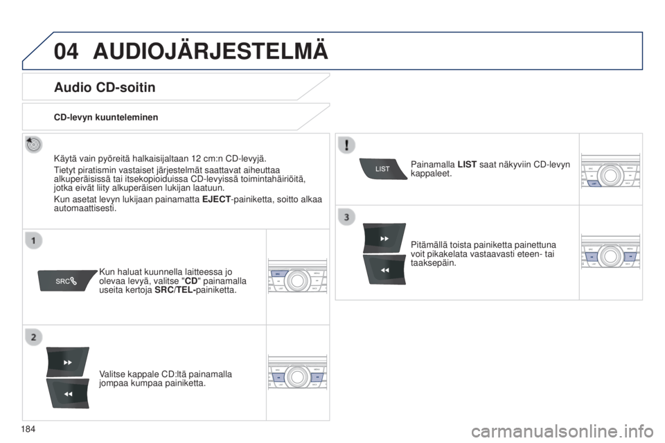 Peugeot 301 2015 Omistajan käsikirja (in Finnish) 04
184
301_fi_Chap12a_RD5(RD45)_ed01-2014
AUDIOJÄRJESTELMÄ
Audio CD-soitin
Käytä vain pyöreitä halkaisijaltaan 12 cm:n CD-levyjä.
T ietyt piratismin vastaiset järjestelmät saattavat aiheuttaa Peugeot 301 2015 Omistajan käsikirja (in Finnish) 04
184
301_fi_Chap12a_RD5(RD45)_ed01-2014
AUDIOJÄRJESTELMÄ
Audio CD-soitin
Käytä vain pyöreitä halkaisijaltaan 12 cm:n CD-levyjä.
T ietyt piratismin vastaiset järjestelmät saattavat aiheuttaa