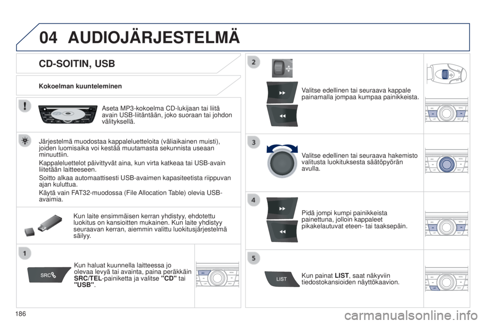 Peugeot 301 2015 Omistajan käsikirja (in Finnish) 04
186
301_fi_Chap12a_RD5(RD45)_ed01-2014
CD-SOITIN, USB
AUDIOJÄRJESTELMÄ
Kokoelman kuunteleminenAseta MP3-kokoelma CD-lukijaan tai liitä
avain USB-liitäntään, joko suoraan tai johdon
välityk Peugeot 301 2015 Omistajan käsikirja (in Finnish) 04
186
301_fi_Chap12a_RD5(RD45)_ed01-2014
CD-SOITIN, USB
AUDIOJÄRJESTELMÄ
Kokoelman kuunteleminenAseta MP3-kokoelma CD-lukijaan tai liitä
avain USB-liitäntään, joko suoraan tai johdon
välityk