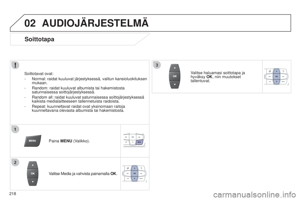 Peugeot 301 2015 Omistajan käsikirja (in Finnish) 02
218
301_fi_Chap12b_RDE1_ed01-2014
AUDIOJÄRJESTELMÄ
Soittotapa
Soittotavat ovat:
-
Normal: raidat kuuluvat järjestyksessä, valitun kansioluokituksen \
mukaan.
-
Random: raidat kuuluvat albu Peugeot 301 2015 Omistajan käsikirja (in Finnish) 02
218
301_fi_Chap12b_RDE1_ed01-2014
AUDIOJÄRJESTELMÄ
Soittotapa
Soittotavat ovat:
-
Normal: raidat kuuluvat järjestyksessä, valitun kansioluokituksen \
mukaan.
-
Random: raidat kuuluvat albu