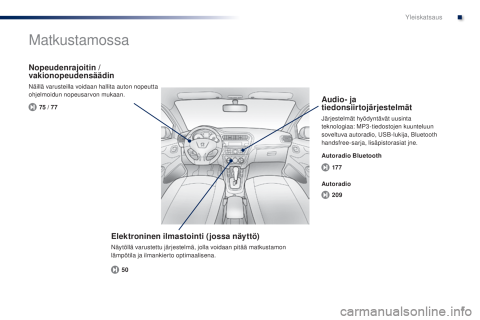 Peugeot 301 2015  Omistajan käsikirja (in Finnish) 5
17 7
209
50
75 / 77
301_fi_Chap00b_vue-ensemble_ed01-2014
Matkustamossa
Elektroninen ilmastointi (jossa näyttö)
Näytöllä varustettu järjestelmä, jolla voidaan pitää matkustamon 
lämpötila