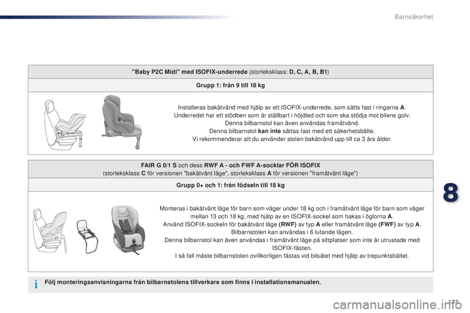 Peugeot 301 2015  Ägarmanual (in Swedish) 115
301_sv_Chap08_securite-enfants_ed01-2014
"Baby P2C Midi" med ISOFIX-underrede (storleksklass: D, C, A, B, B1)
Grupp 1: från 9   till 18   kg
Installeras bakåtvänd med hjälp av ett ISOF