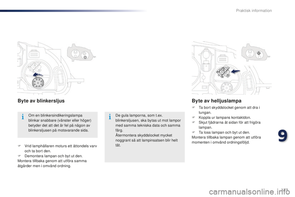Peugeot 301 2015  Ägarmanual (in Swedish) 137
301_sv_Chap09_info-pratiques_ed01-2014
De gula lamporna, som t.ex. 
blinkersljusen, ska bytas ut mot lampor 
med samma tekniska data och samma 
färg.
Återmontera skyddslocket mycket 
noggrant s