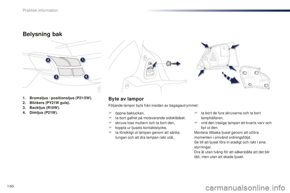 Peugeot 301 2015  Ägarmanual (in Swedish) 140
301_sv_Chap09_info-pratiques_ed01-2014
Byte av lampor
Följande lampor byts från insidan av bagageutrymmet:
F 
ö
 ppna bakluckan,
F
 
t
 a bort gallret på motsvarande sidoklädsel,
F
 
s
 kruva