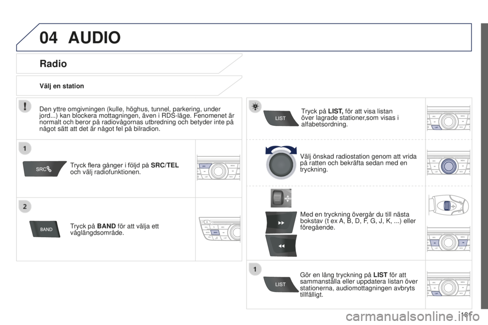 Peugeot 301 2015  Ägarmanual (in Swedish) 04
181
301_sv_Chap12a_RD5(RD45)_ed01-2014
AUDIO
Tryck	flera	gånger	i	följd	på	SRC/TEL 
och välj radiofunktionen.
Tryck på BAND för att välja ett 
våglängdsområde. Tryck på LIST, för att vi