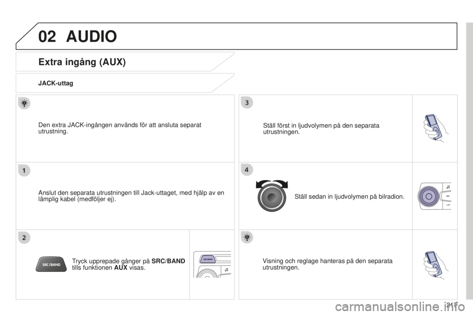 Peugeot 301 2015  Ägarmanual (in Swedish) 02
217
301_sv_Chap12b_RDE1_ed01-2014
AUDIO
Extra ingång (AUX)
JACK-uttag
Anslut den separata utrustningen till Jack-uttaget, med hjälp av en 
lämplig kabel (medföljer ej). Den extra JACK-ingången
