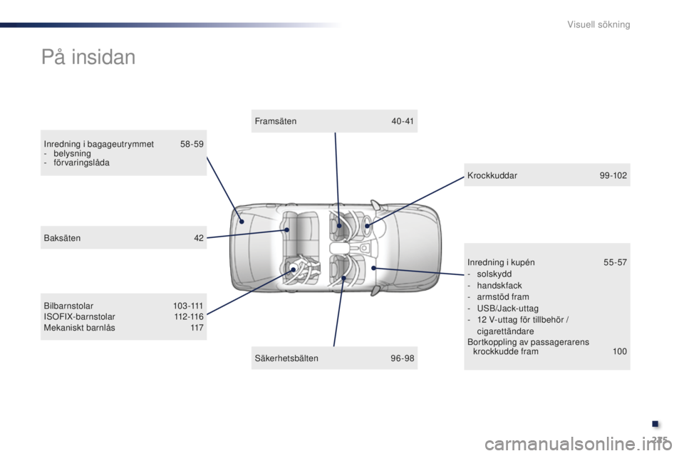 Peugeot 301 2015  Ägarmanual (in Swedish) 225
301_sv_Chap13_recherche-visuelle_ed01-2014
På insidan
Inredning i bagageutrymmet 58-59
-  belysning
-
 

förvaringslåda Framsäten
 

40- 41
Bilbarnstolar
 
 103-111
ISOFIX-barnstolar
 

112-11