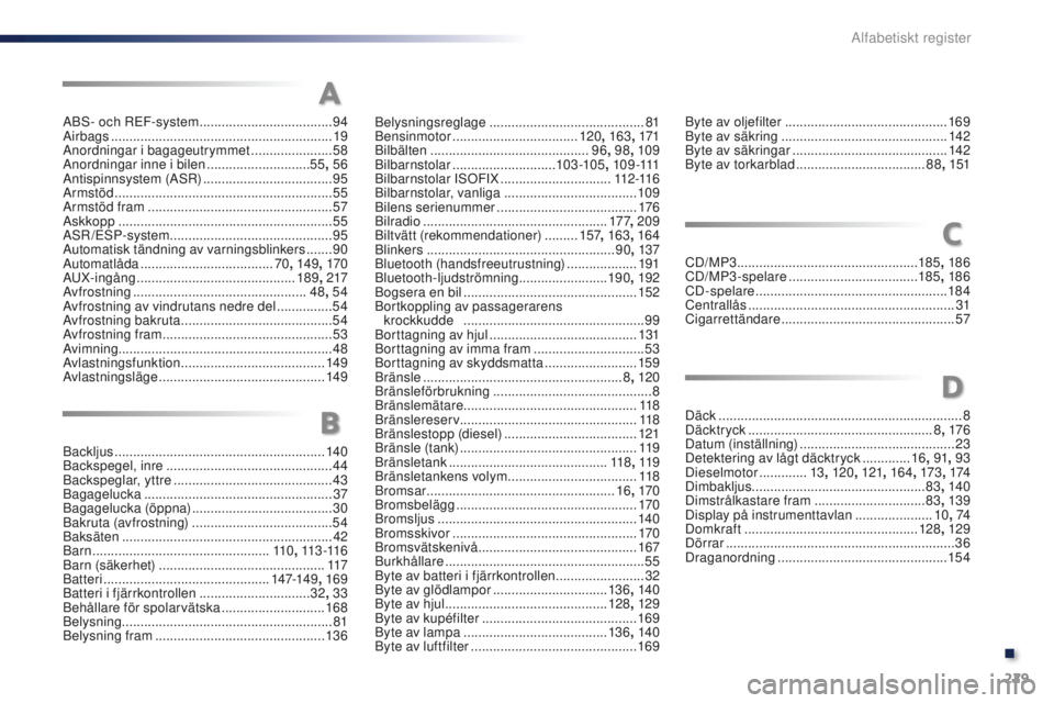 Peugeot 301 2015  Ägarmanual (in Swedish) 229
301_sv_Chap14_index-alpha_ed01-2014
ABS- och REF-system ....................................94
A irbags  ............................................................ 19
Anordningar i bagageutrymme