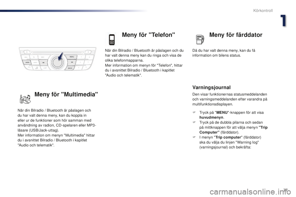 Peugeot 301 2015 Ägarmanual (in Swedish) 27
301_sv_Chap01_controle-de-marche_ed01-2014
När din Bilradio / Bluetooth är påslagen och du
har valt denna meny kan du ringa och visa de
olika telefonmapparna.
Mer information om menyn för Peugeot 301 2015 Ägarmanual (in Swedish) 27
301_sv_Chap01_controle-de-marche_ed01-2014
När din Bilradio / Bluetooth är påslagen och du
har valt denna meny kan du ringa och visa de
olika telefonmapparna.
Mer information om menyn för