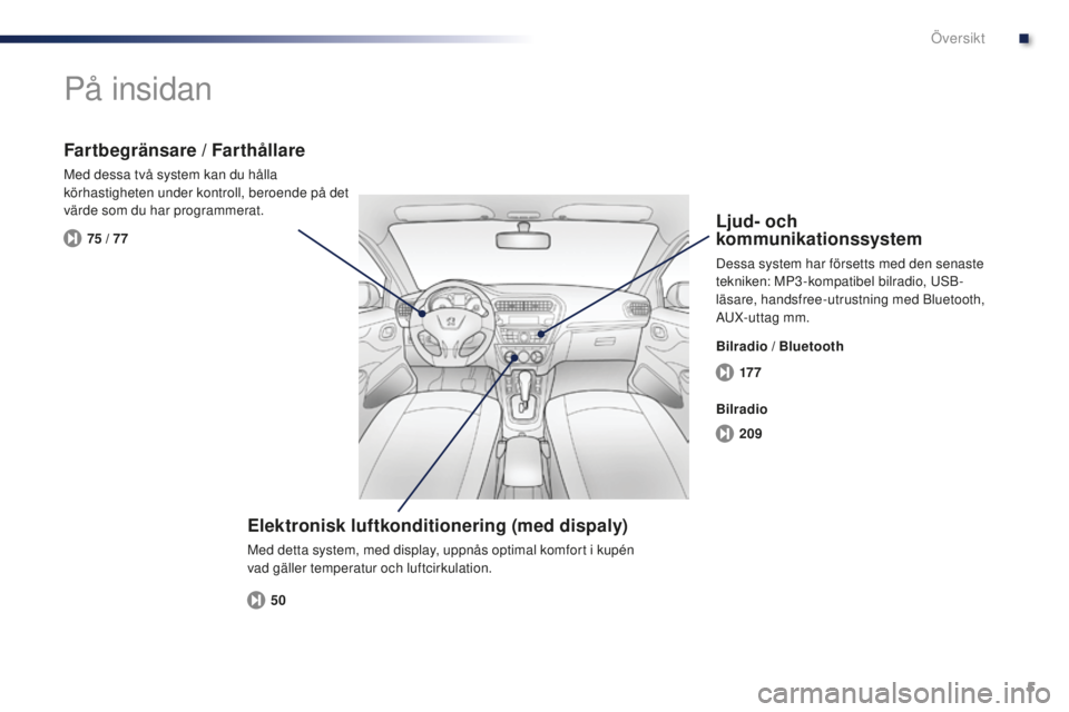 Peugeot 301 2015  Ägarmanual (in Swedish) 5
17 7
209
50
75 / 77
301_sv_Chap00b_vue-ensemble_ed01-2014
På insidan
Elektronisk luftkonditionering (med dispaly)
Med detta system, med display, uppnås optimal komfort i kupén 
vad gäller temper