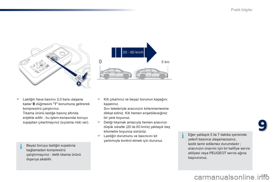 Peugeot 301 2015  Kullanım Kılavuzu (in Turkish) 125
301_tr_Chap09_info-pratiques_ed01-2014
Beyaz boruyu lastiğin supabına 
bağlamadan kompresörü 
çalıştırmayınız  : delik tıkama ürünü 
dışarıya akabilir.
F
 
L

astiğin hava bası