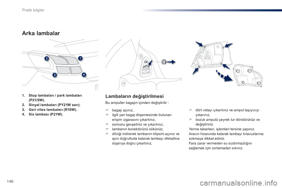 Peugeot 301 2015  Kullanım Kılavuzu (in Turkish) 140
301_tr_Chap09_info-pratiques_ed01-2014
Lambaların değiştirilmesi
Bu ampuller bagajın içinden değiştirilir :
F  
b
 agajı açınız,
F
 
i
 lgili yan bagaj döşemesinde bulunan 
erişim 